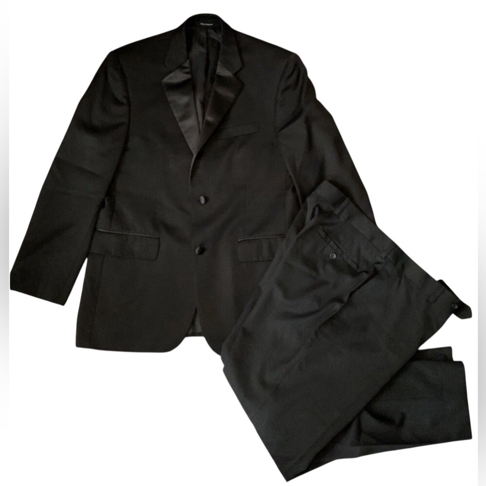 Pronto Uomo Black 100% Wool Two Piece Business Suit Set Blazer 38R Pants‎ 36W.